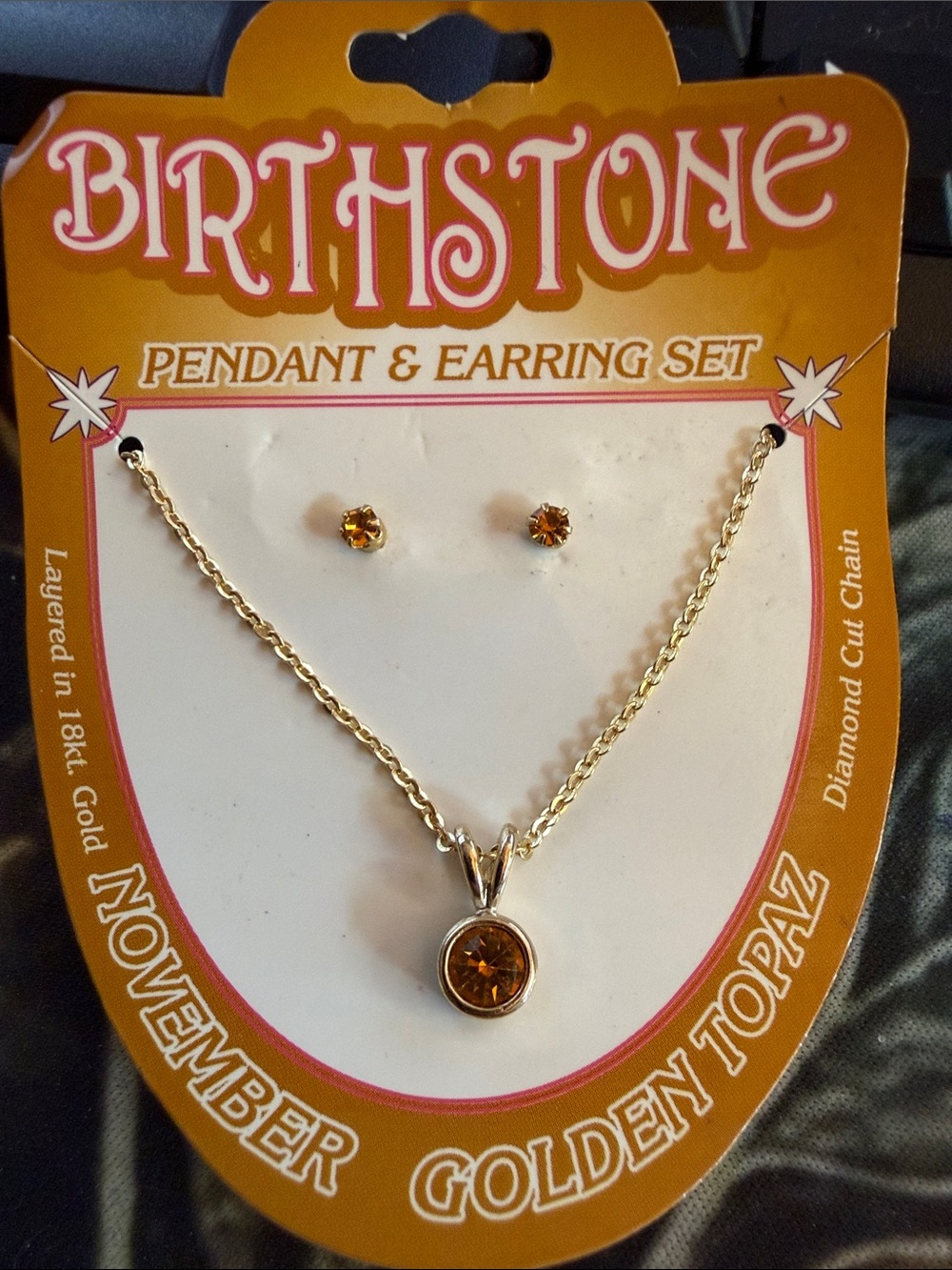 Birthstone November Golden Topaz Pendant & Earring Set - Gold Tone